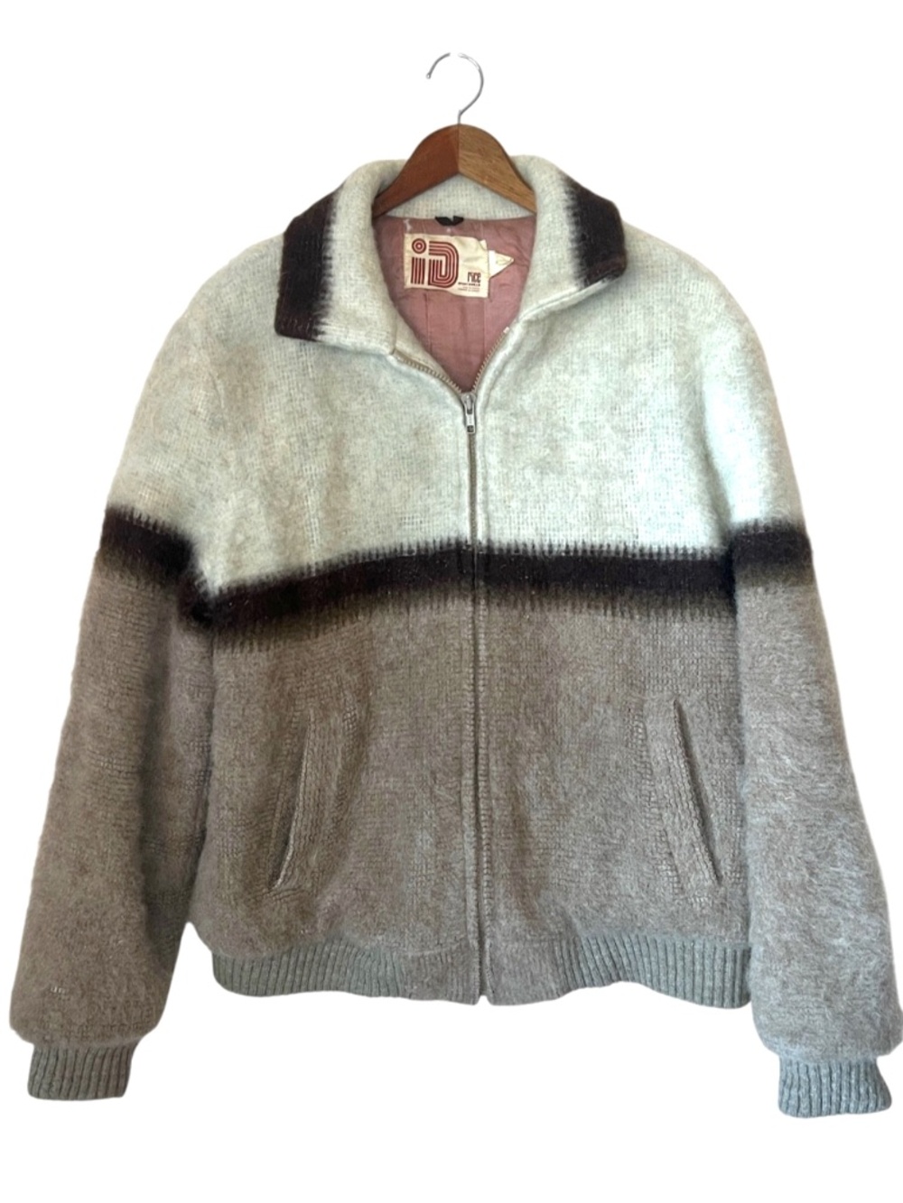 Vintage 1970s ID Rice Sportswear Ombre Virgin Wool Fuzzy Zip Up Bomber Jacket